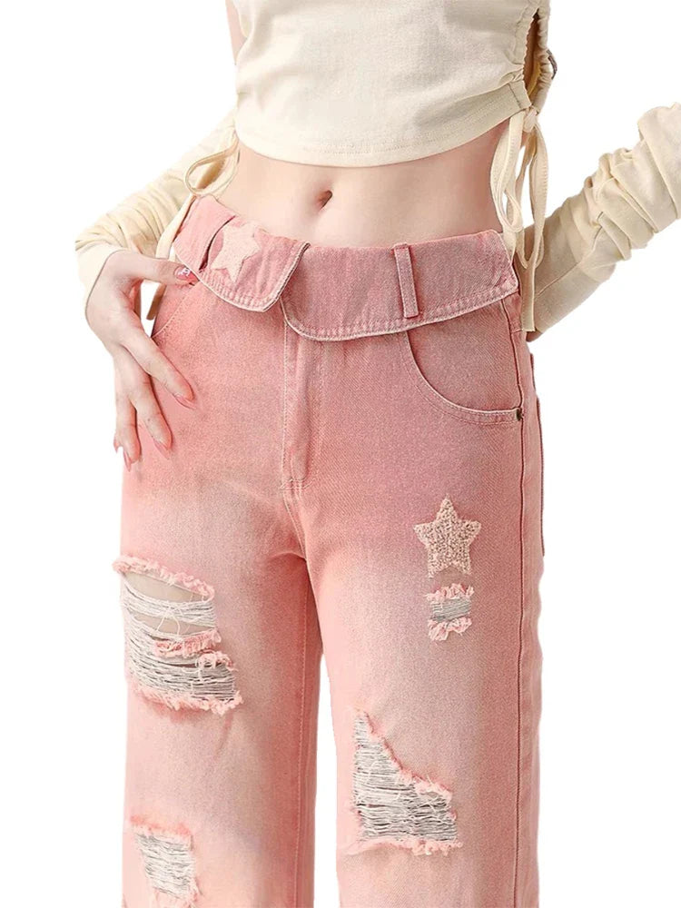 Ripped Jeans - Pink Star Denim for Women
