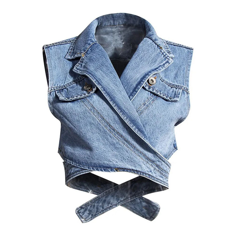 LAYVA WHITE SHIRT with PUFF SLEEVES and CROSS DENIM VEST 2 PIECE SET