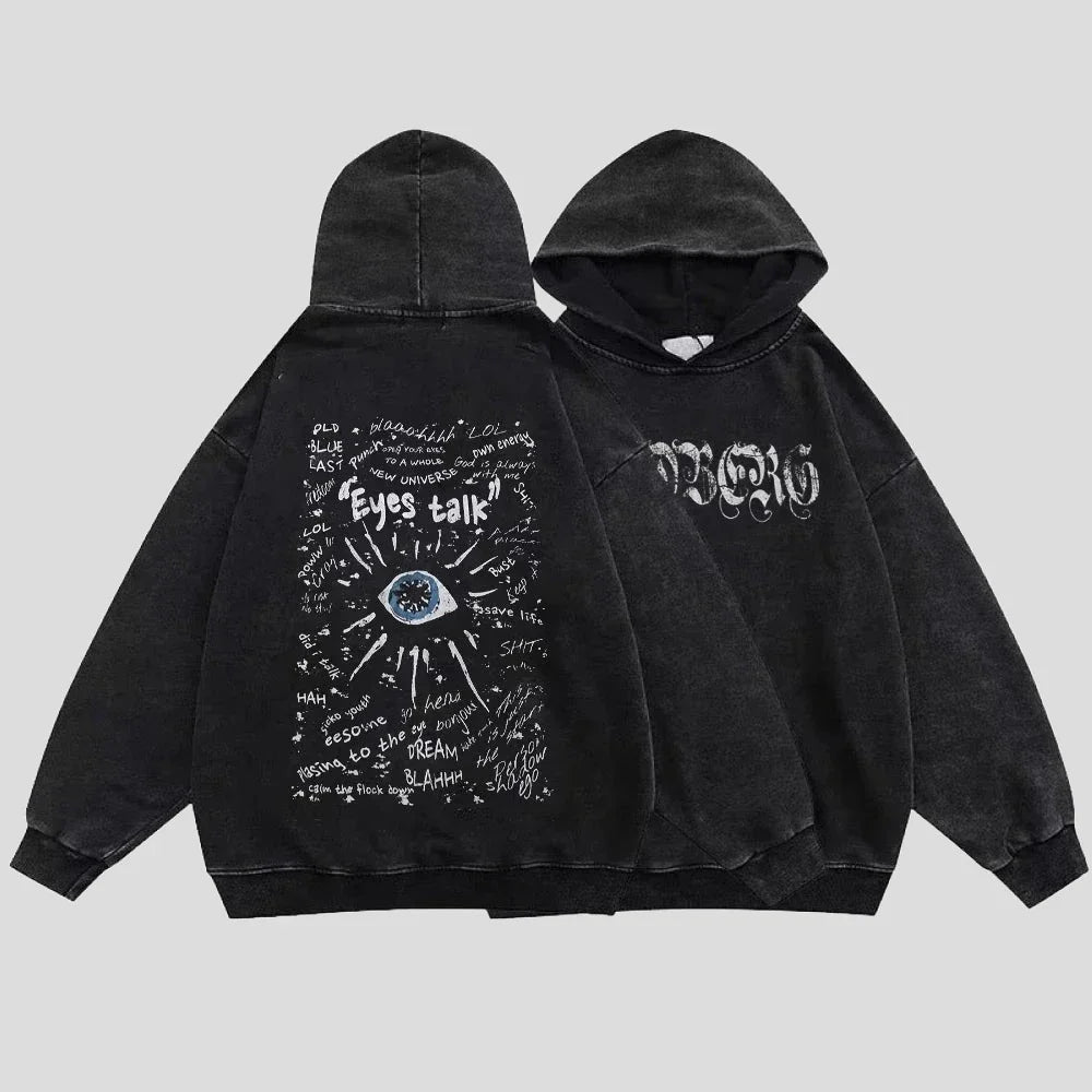 Washed Black Hoodie: Gothic Cotton Pullover Streetwear for Men and Women