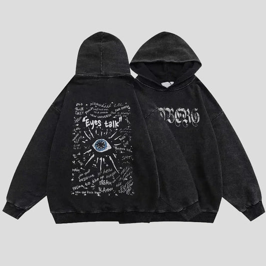 Washed Black Hoodie: Gothic Cotton Pullover Streetwear for Men and Women