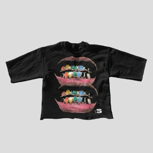 Oversized Graphic Tee - Golden Grin Lips T-Shirt Style