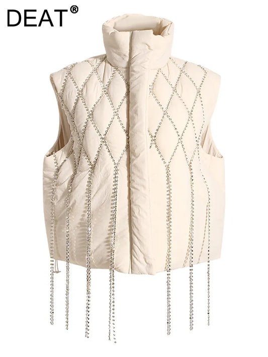 DEAT Fashion Women's Waistcoat Loose Stand Collar Single Breasted  Sleeveless Plaid Diamonds Tassel Vest Winter 2023 New 1DF2572