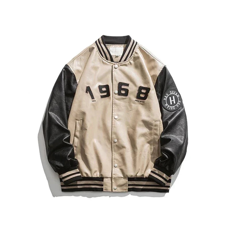 Embroidered PU Leather Baseball Bomber Jacket for Men
