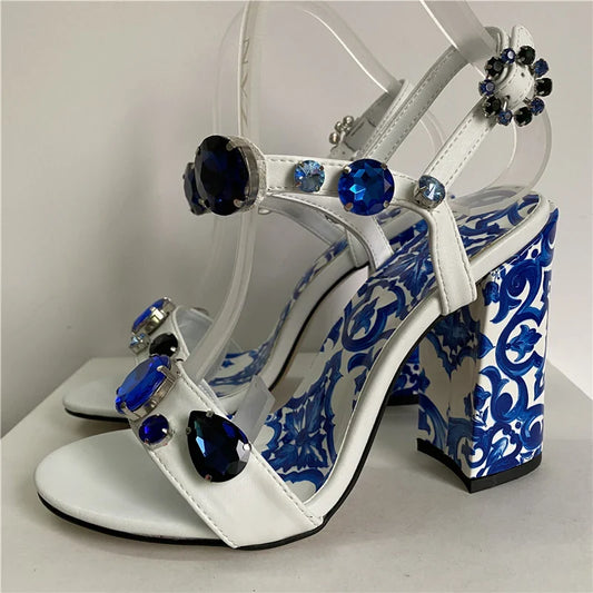 Blue Majolica-printed Ankle Strap Sandals Inspired by Dolce & Gabbana