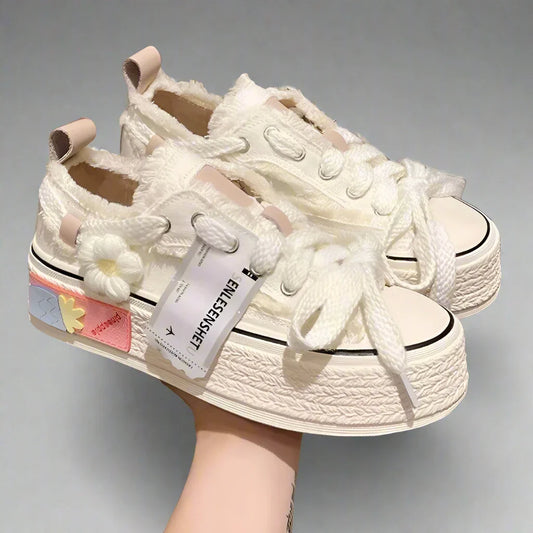 Lace-Up Women's Platform Sneakers Flower Design for Teens