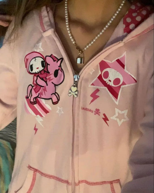 Personality Print Oversized Zip-Up Pink Hoodie