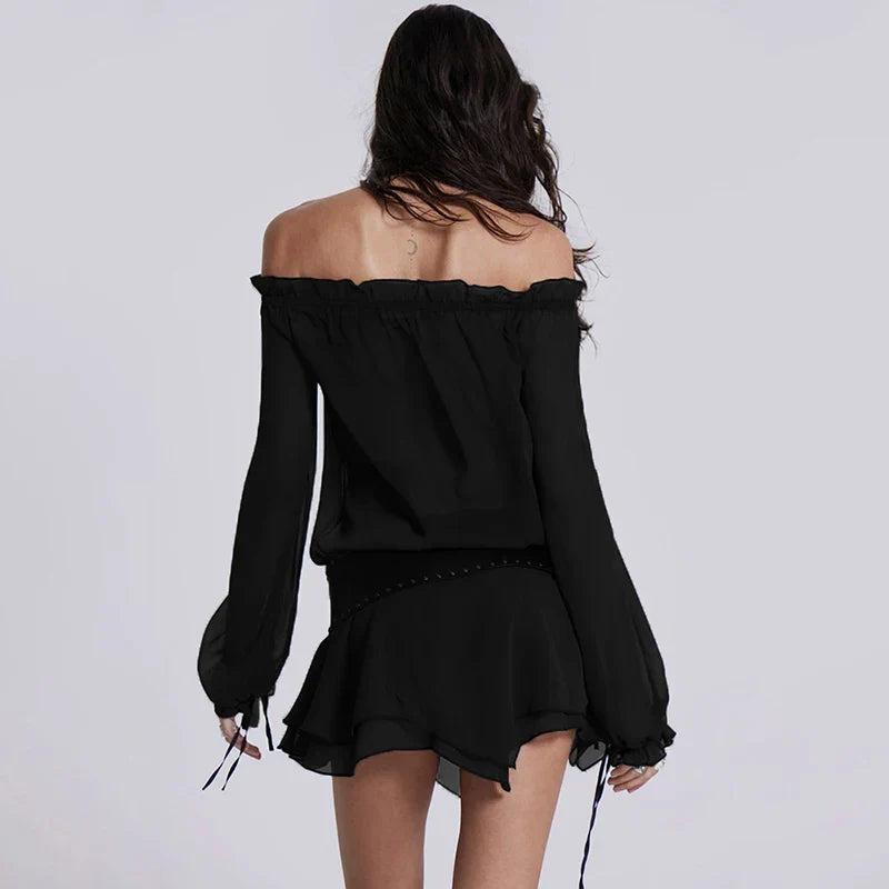 SLASH NECK MESH MINI DRESS