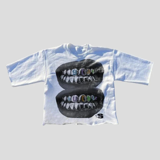 Oversized Graphic Tee - Golden Grin Lips T-Shirt Style