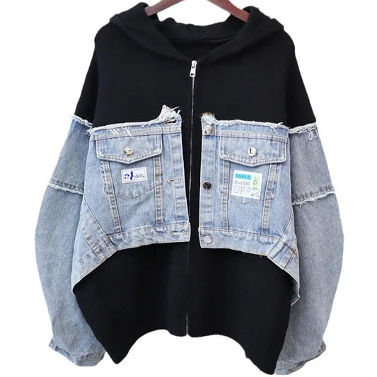Zip-Up Sweatshirt with Denim Inserts - Black