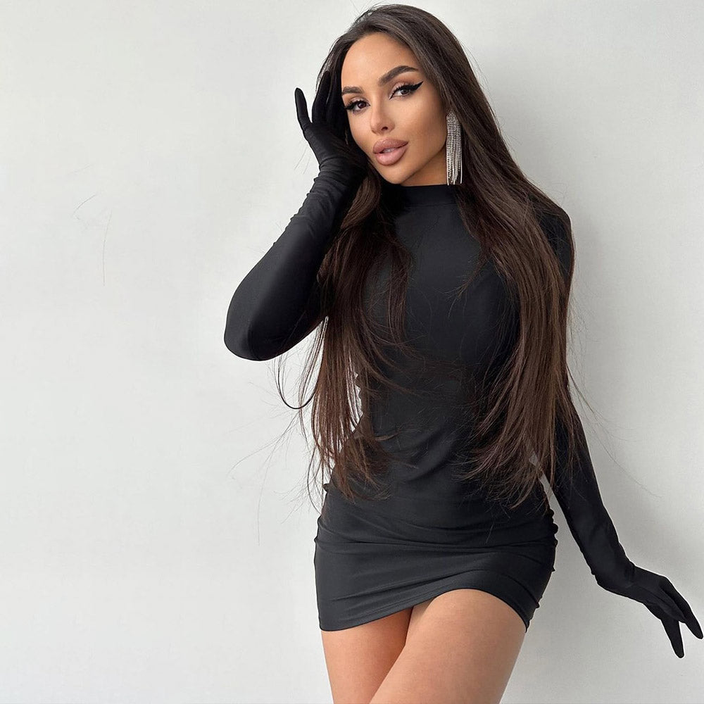 YASU SOLID LOND SLEEVE MINI DRESS with GLOVES