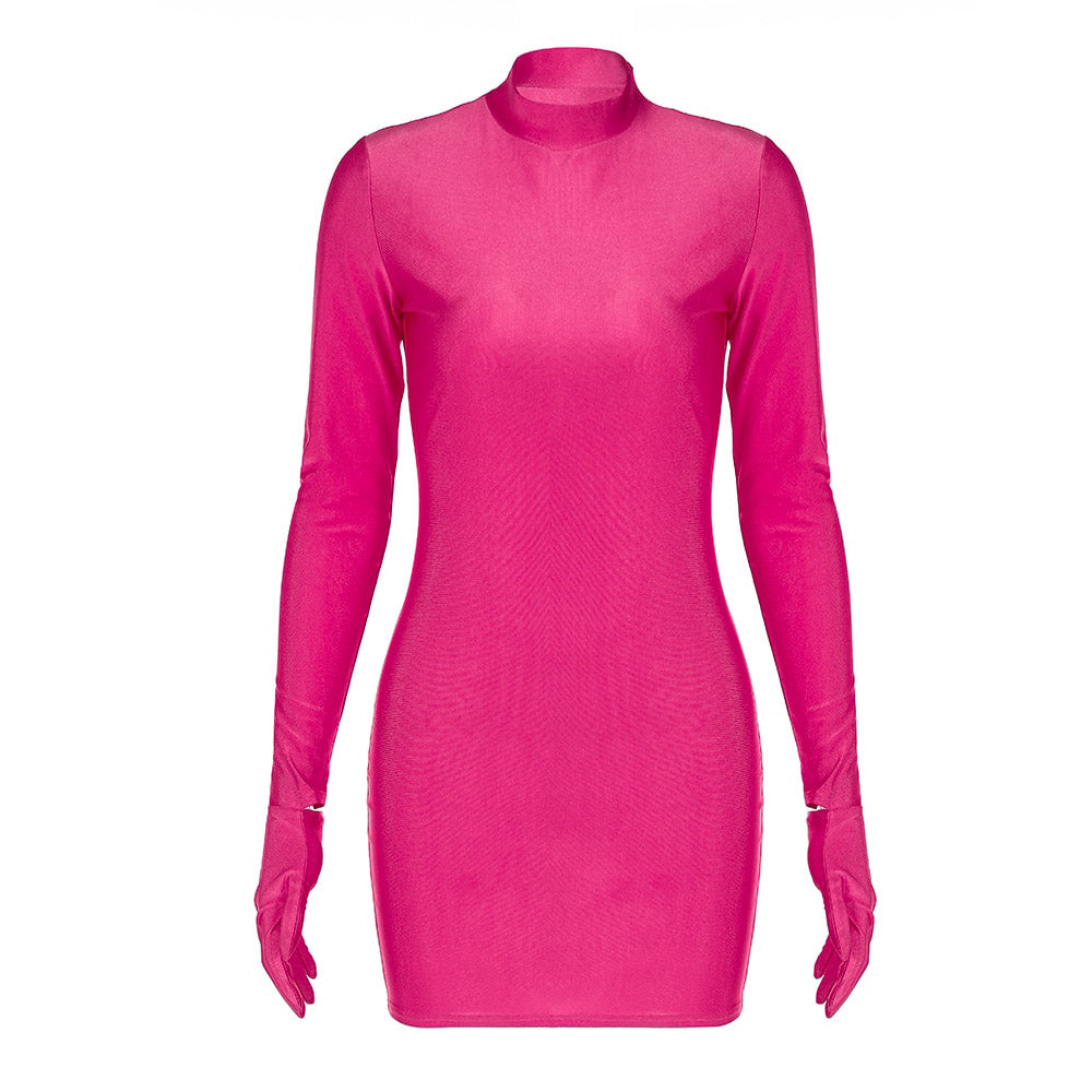 YASU SOLID LOND SLEEVE MINI DRESS with GLOVES
