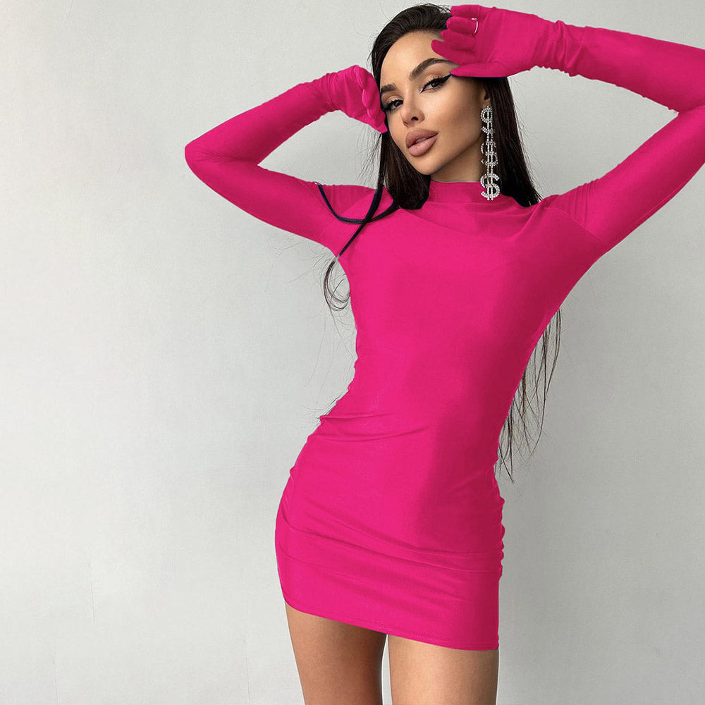YASU SOLID LOND SLEEVE MINI DRESS with GLOVES