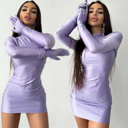 YASU SOLID LOND SLEEVE MINI DRESS with GLOVES