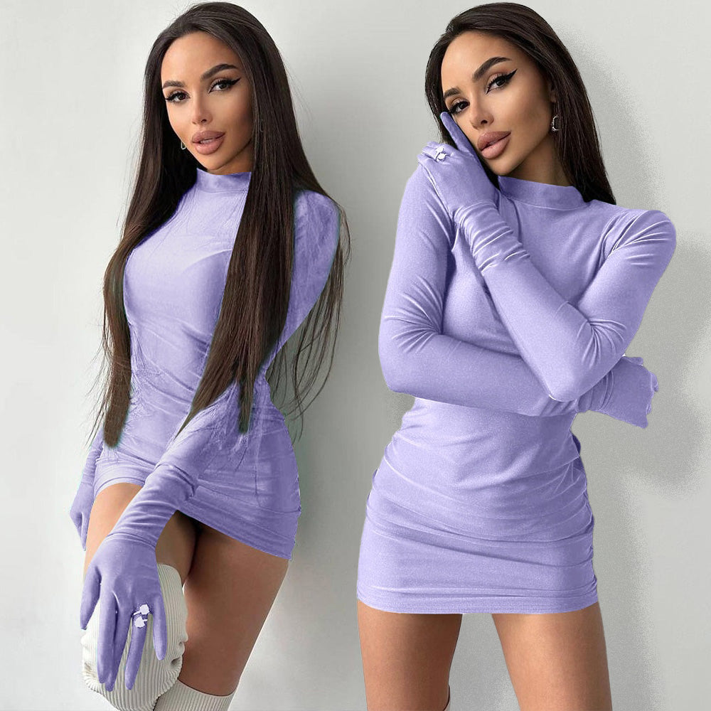 YASU SOLID LOND SLEEVE MINI DRESS with GLOVES