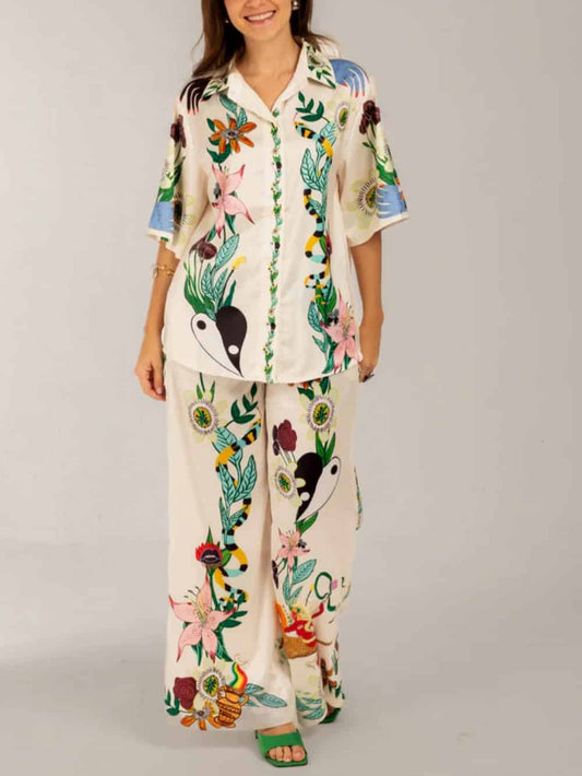 Satin Oversized Pants with Sophisticated Print