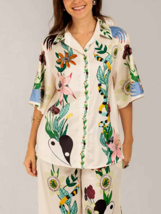 Satin Oversized Blouse with Sophisticated Print
