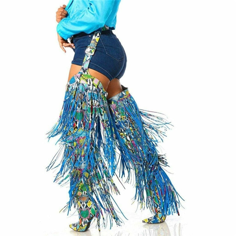Tassel Fringe Belted Chaps Boots