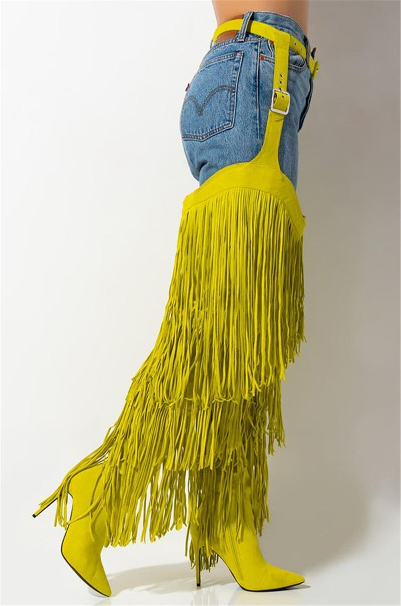 Tassel Fringe Belted Chaps Boots