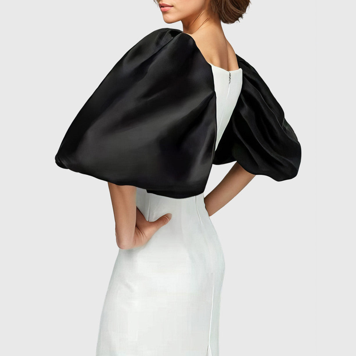 WHITE MAXI DRESS with BLACK PUFF SLEEVES