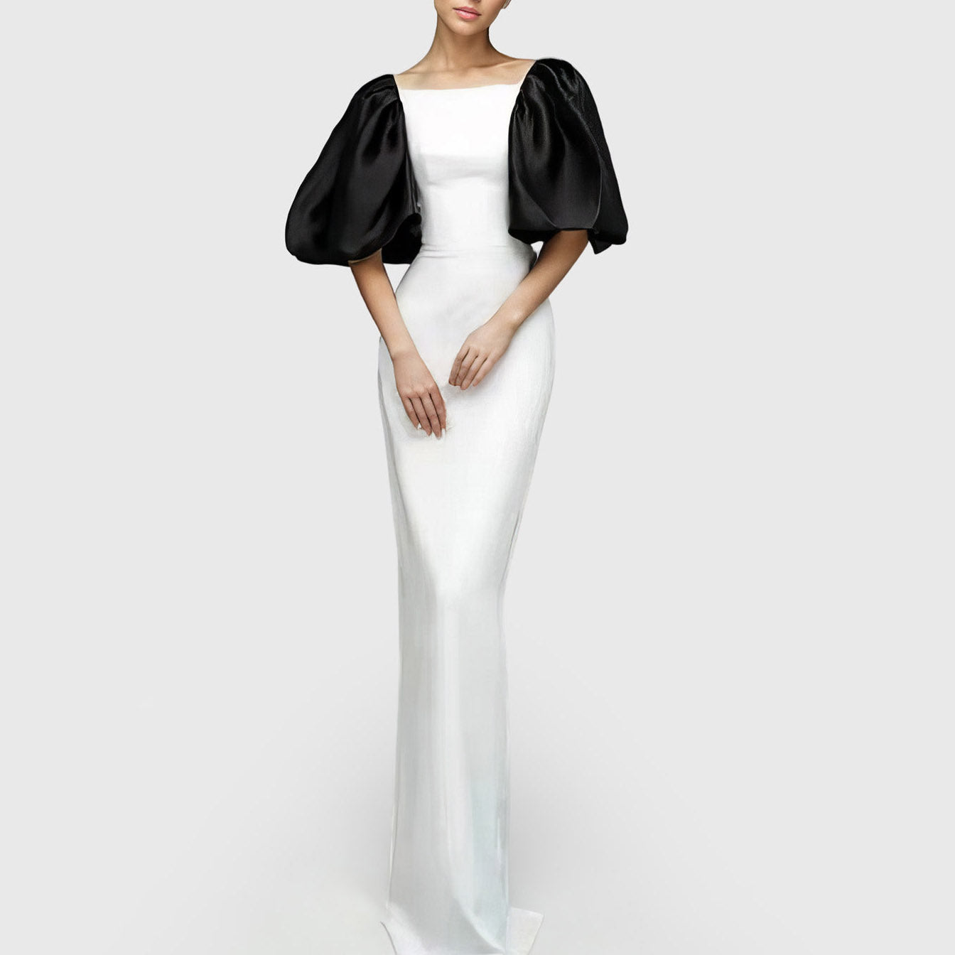 WHITE MAXI DRESS with BLACK PUFF SLEEVES
