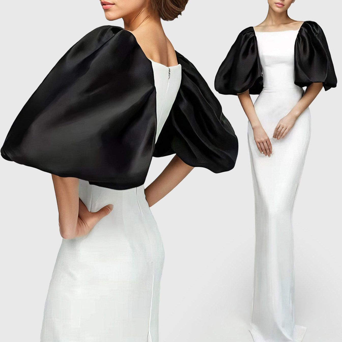 WHITE MAXI DRESS with BLACK PUFF SLEEVES