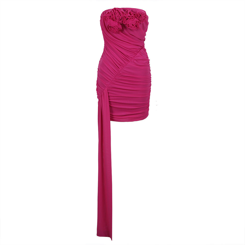 HANAO PINK RUCHED MINI DRESS with TRAIN and ROSE BOWS