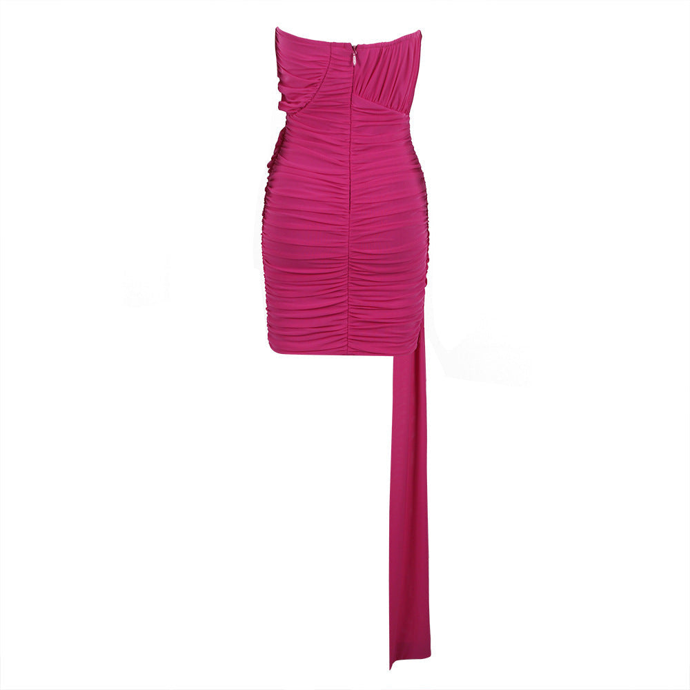 HANAO PINK RUCHED MINI DRESS with TRAIN and ROSE BOWS
