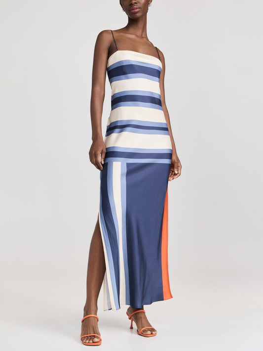Satin Irregular Striped Floral Suspender Midi Dress