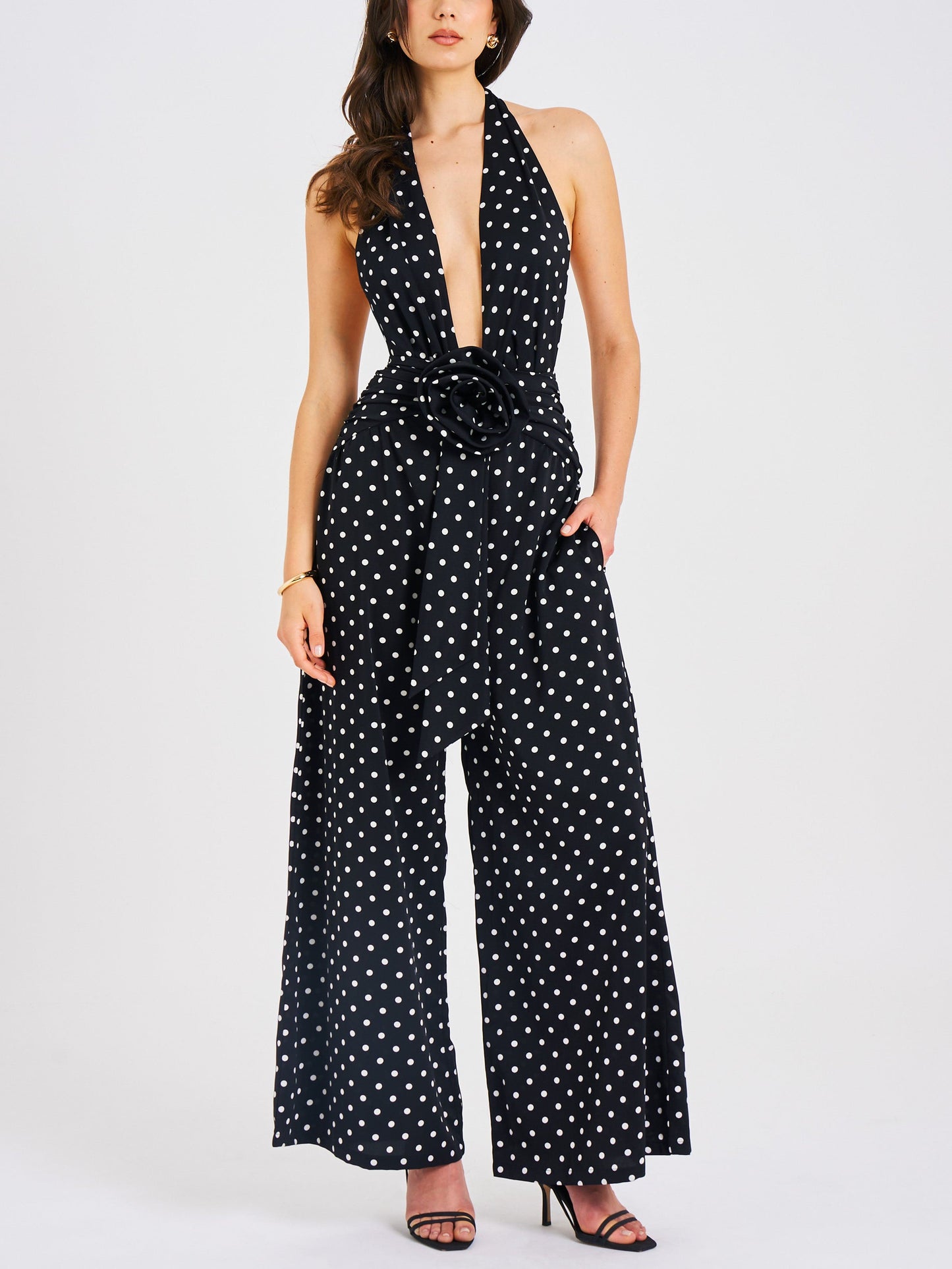 Retro Polka Dot Classic Deep V-Neck Open Back Polka Dot Jumpsuit