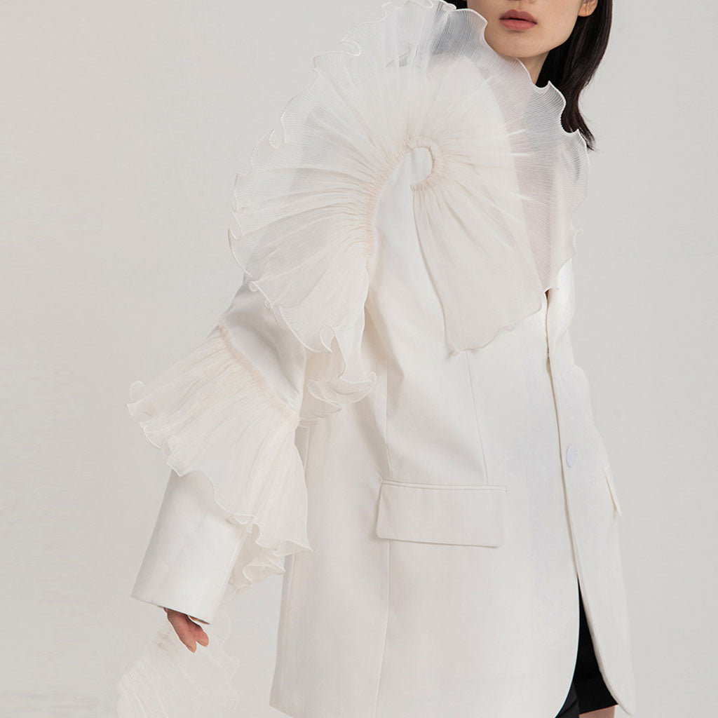 Asymmetric Ruffle Trim Lapel Collar Single Breasted Oversized Blazer - White