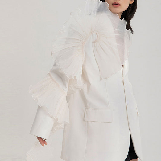 Asymmetric Ruffle Trim Lapel Collar Single Breasted Oversized Blazer - White