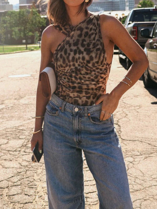 Absolute Trend mesh leopard print asymmetric pleated stretch bodysuit