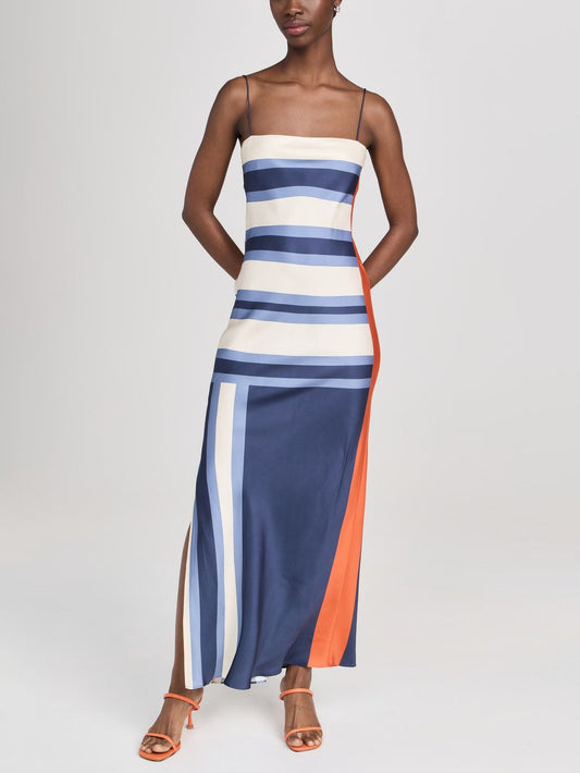 Satin Irregular Striped Floral Suspender Midi Dress