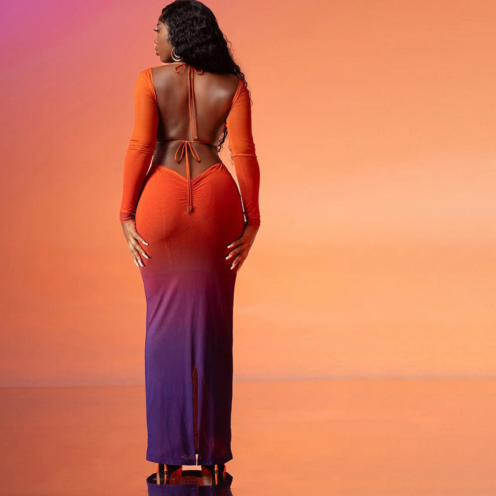 YAYOU GRADIENT COLOR BODYCON MAXI DRESS