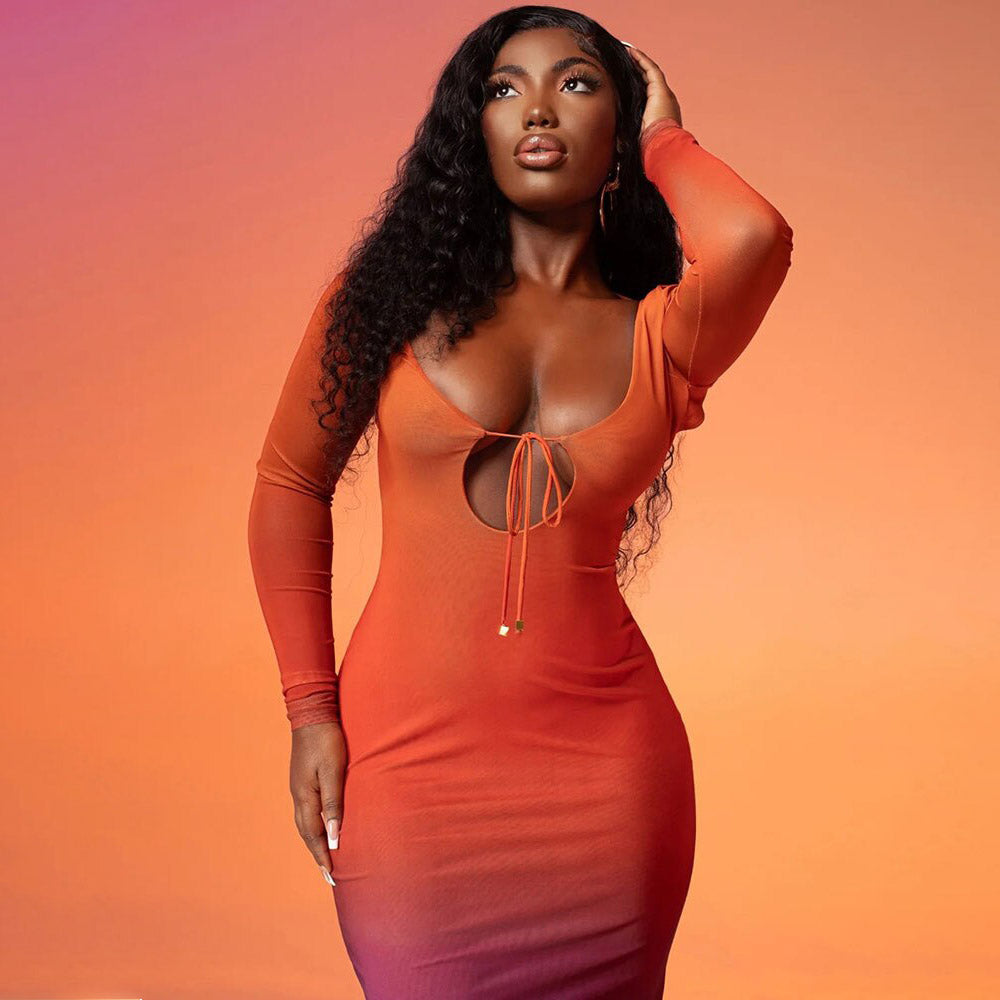 YAYOU GRADIENT COLOR BODYCON MAXI DRESS