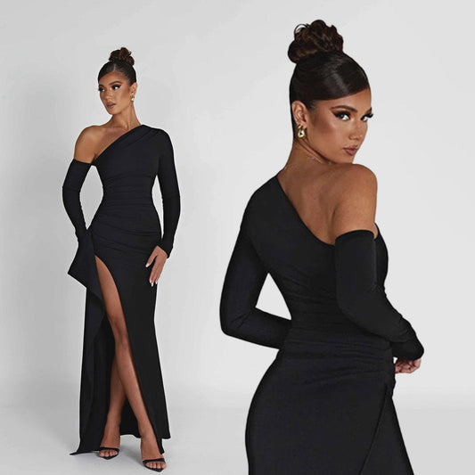 FUSAE ONE SHOULDER HIGHT SIDE SLIT BLACK MAXI DRESS