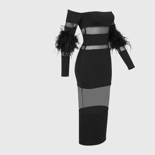 BLACK MESH PATCHWORK MIDI DRESS