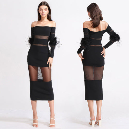 BLACK MESH PATCHWORK MIDI DRESS