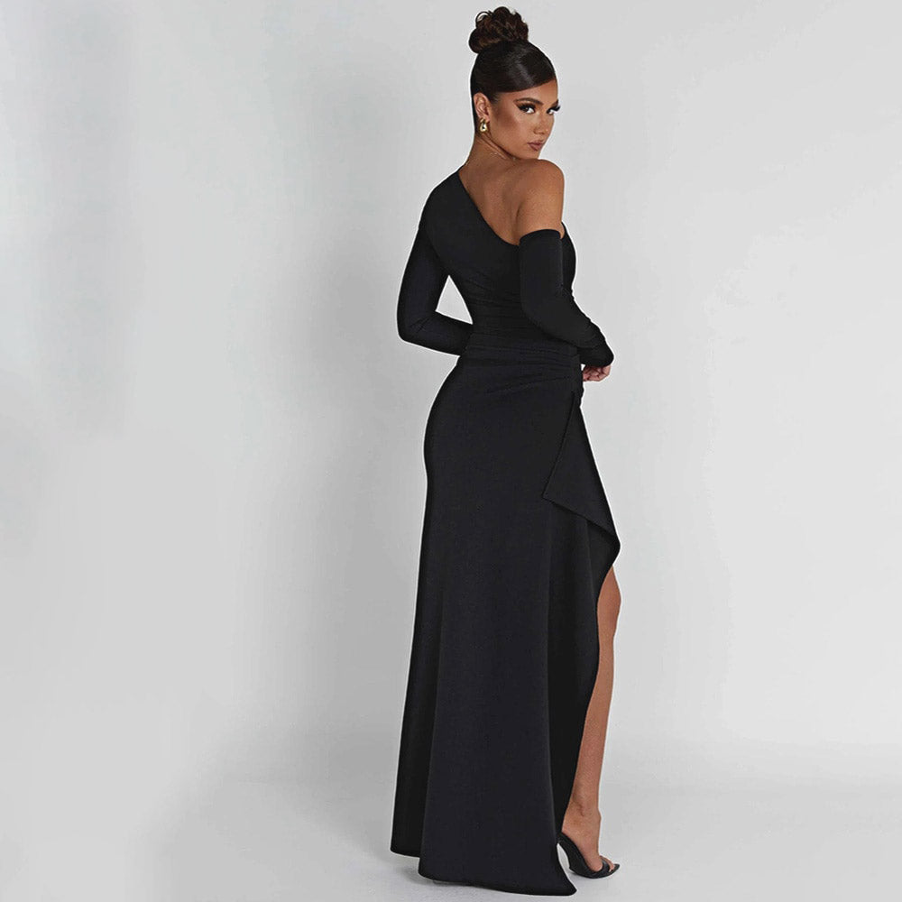 FUSAE ONE SHOULDER HIGHT SIDE SLIT BLACK MAXI DRESS