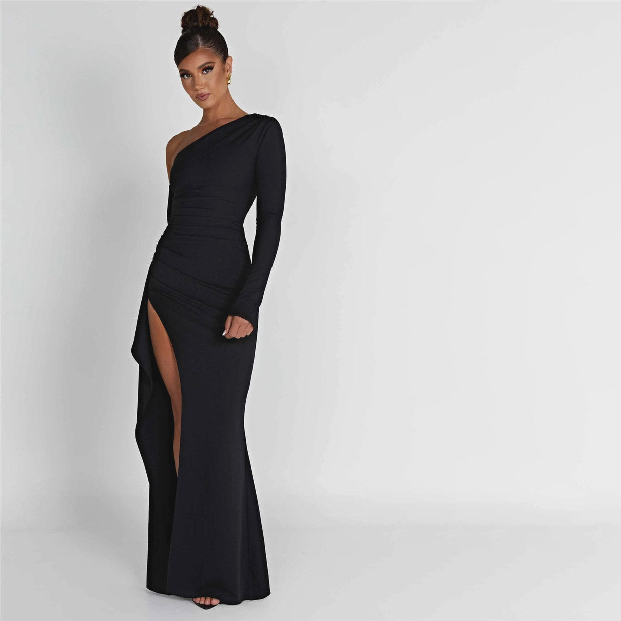 FUSAE ONE SHOULDER HIGHT SIDE SLIT BLACK MAXI DRESS