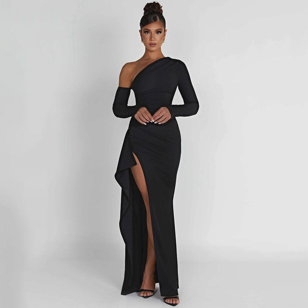 FUSAE ONE SHOULDER HIGHT SIDE SLIT BLACK MAXI DRESS
