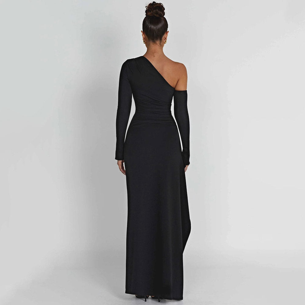 FUSAE ONE SHOULDER HIGHT SIDE SLIT BLACK MAXI DRESS
