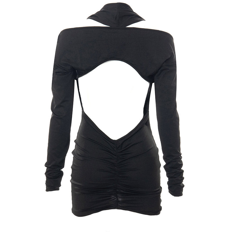 CHICHIRO DEEP NECK BLACK MINI DRESS