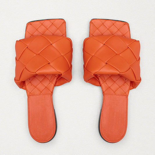 Chic Square Toe Braided Leather Slides - Burnt Orange