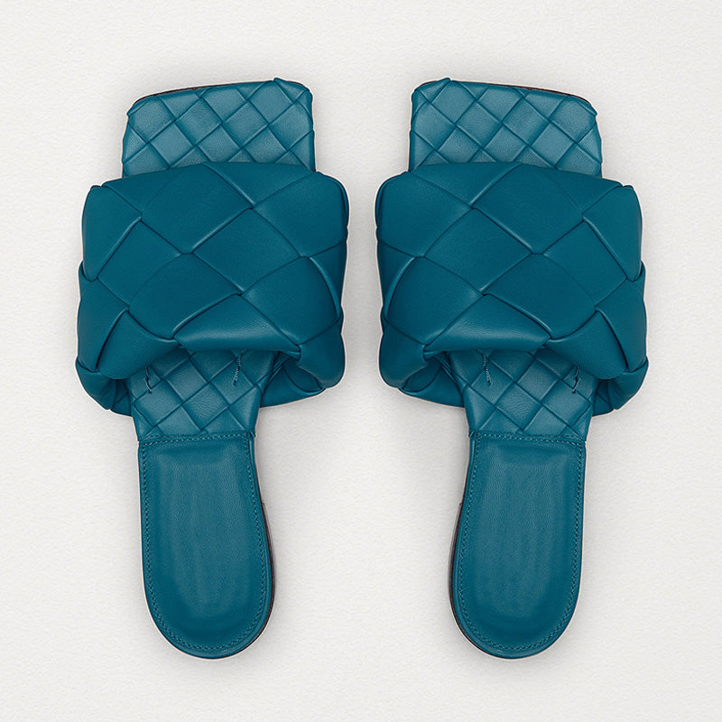 Chic Square Toe Braided Leather Slides - Teal