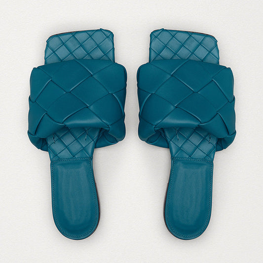 Chic Square Toe Braided Leather Slides - Teal