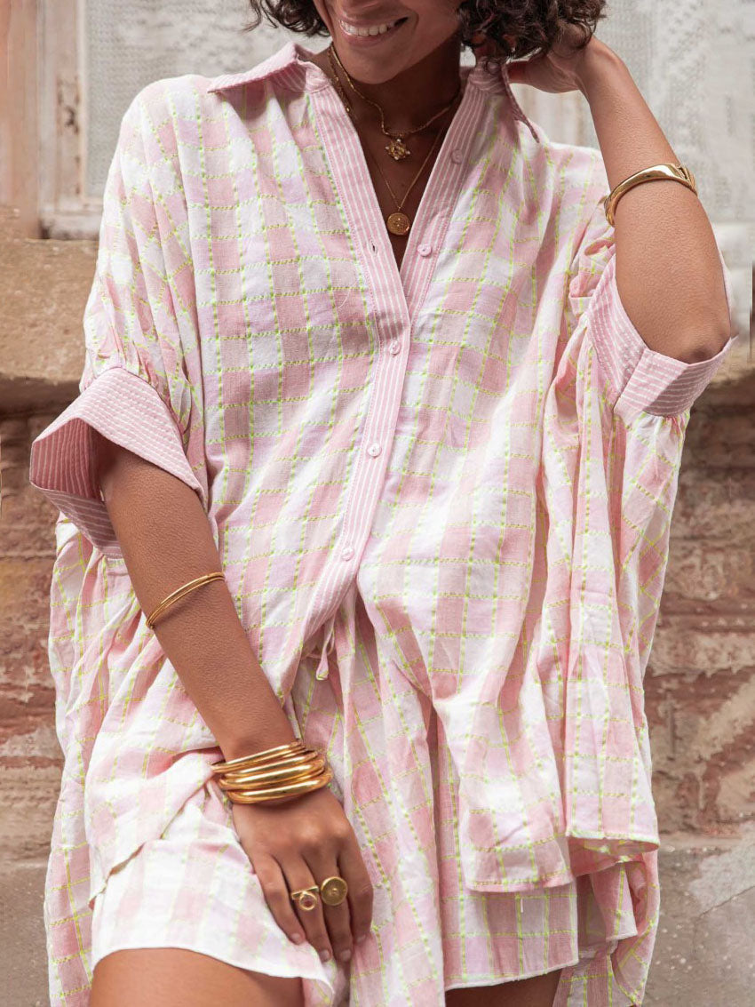 Unique Check Print Bat Sleeve Oversized Shirt