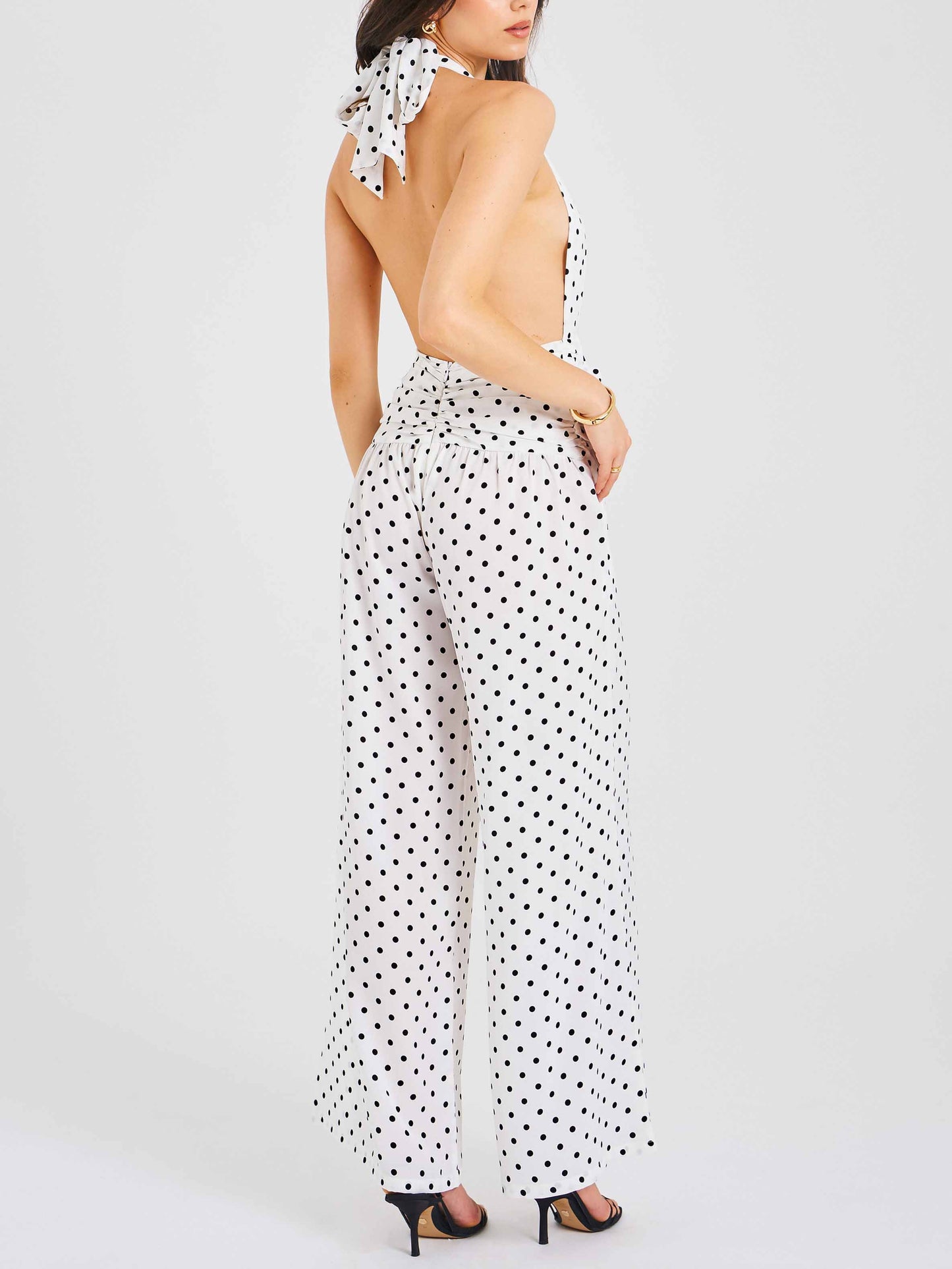Retro Polka Dot Classic Deep V-Neck Open Back Polka Dot Jumpsuit