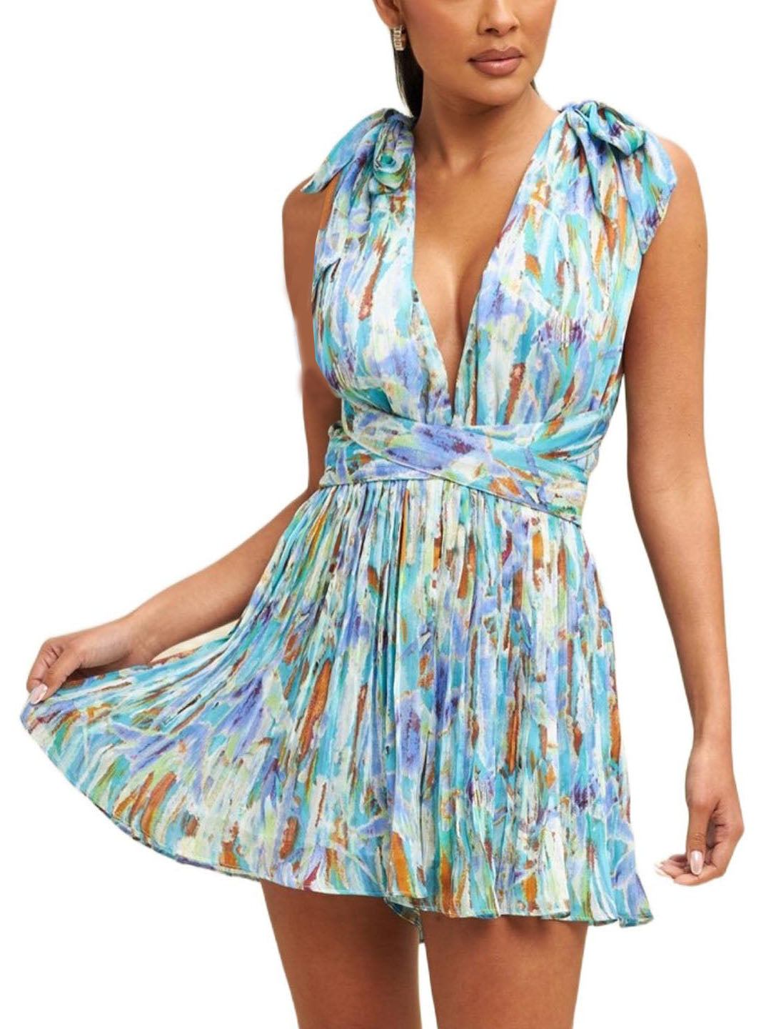 Pleated Halterneck Deep V-Neck A-Line Mini Dress