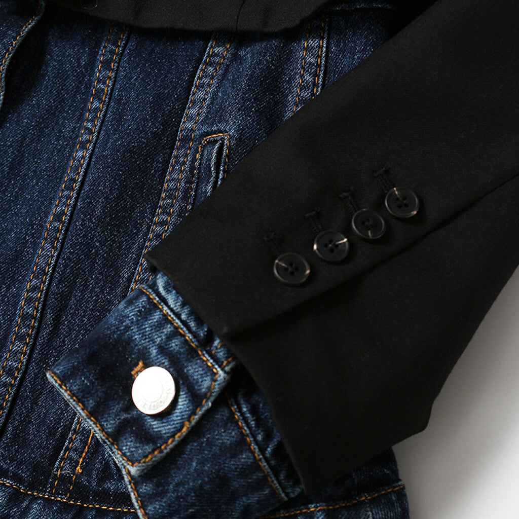 Deconstructed Two Tone Lapel Collar Single Breasted Hybrid Layered Denim Blazer